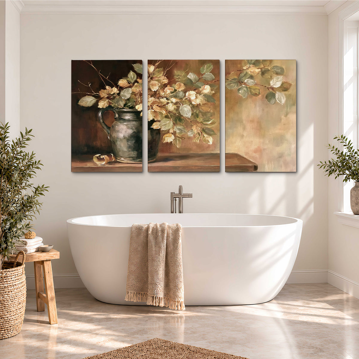 Pale golden blossoms and leaves in a dark green vase on a wooden ledge 3 piece canvas wall art styled in an interior