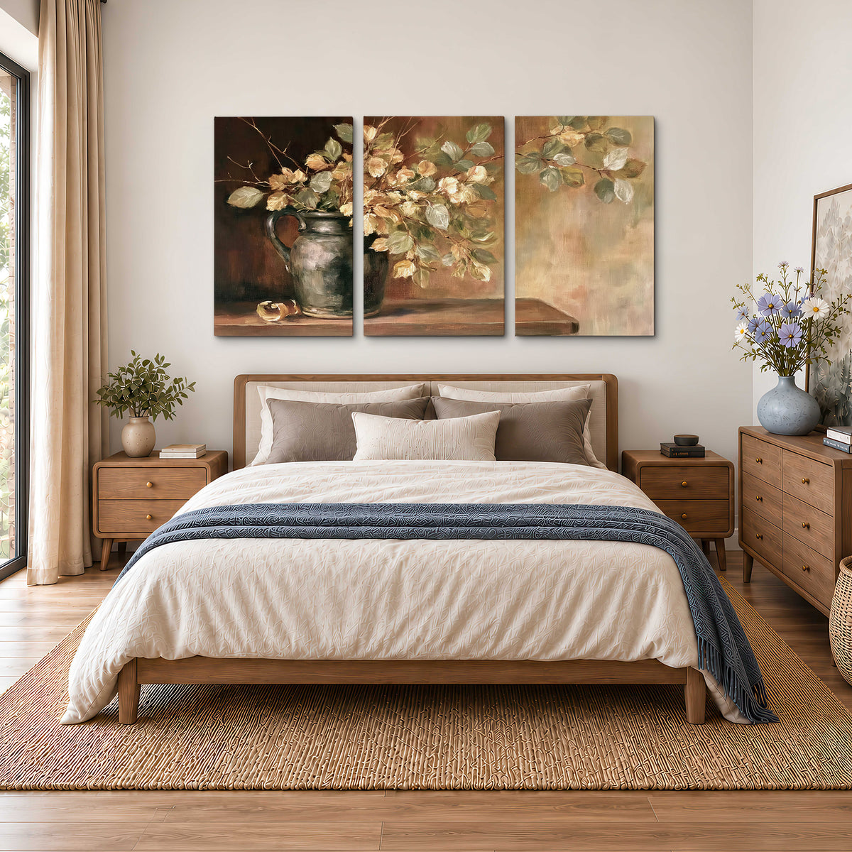 Pale golden blossoms and leaves in a dark green vase on a wooden ledge 3 piece canvas wall art styled in an interior