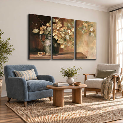 Pale golden blossoms and leaves in a dark green vase on a wooden ledge 3 piece canvas wall art styled in an interior