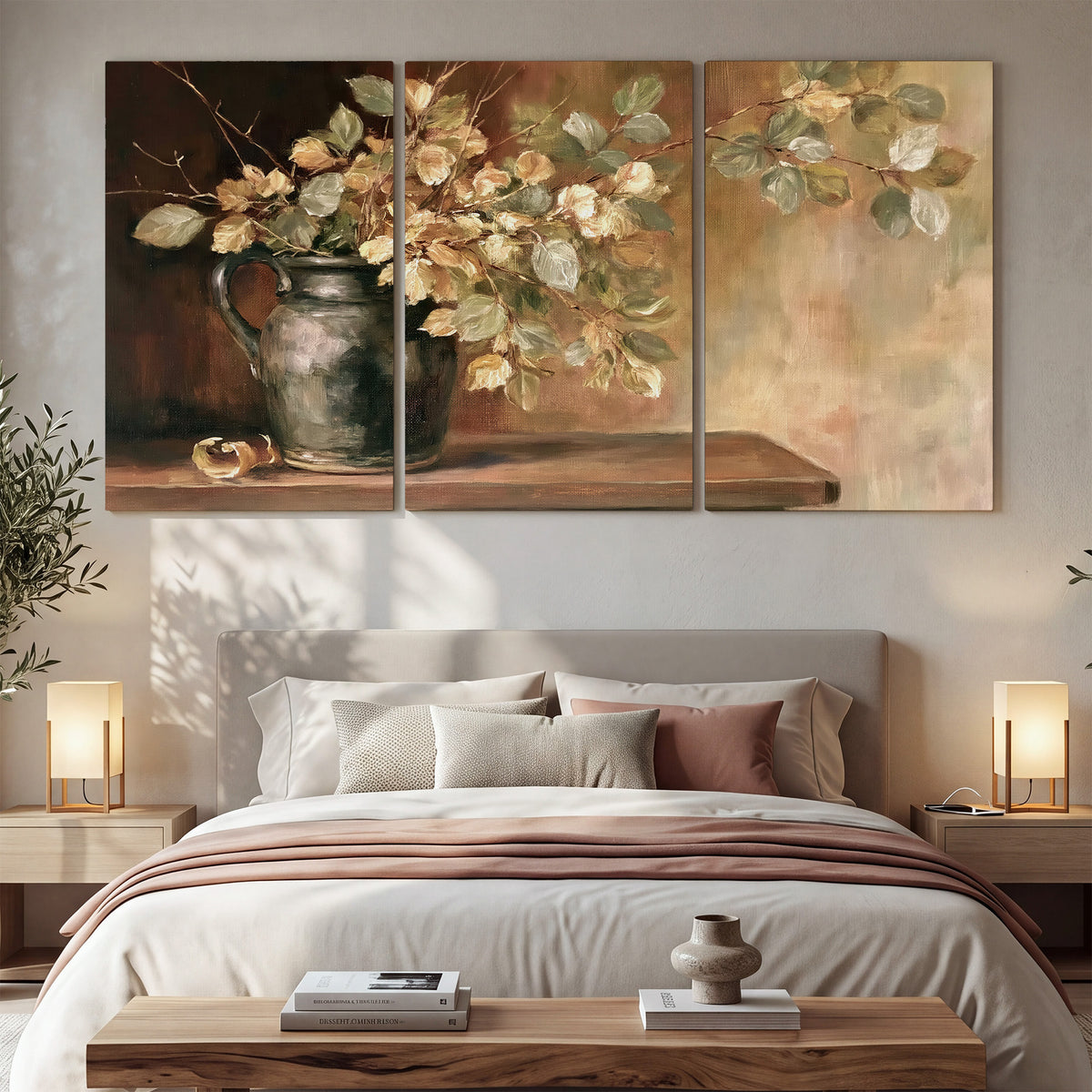 Pale golden blossoms and leaves in a dark green vase on a wooden ledge 3 piece canvas wall art displayed in a bedroom