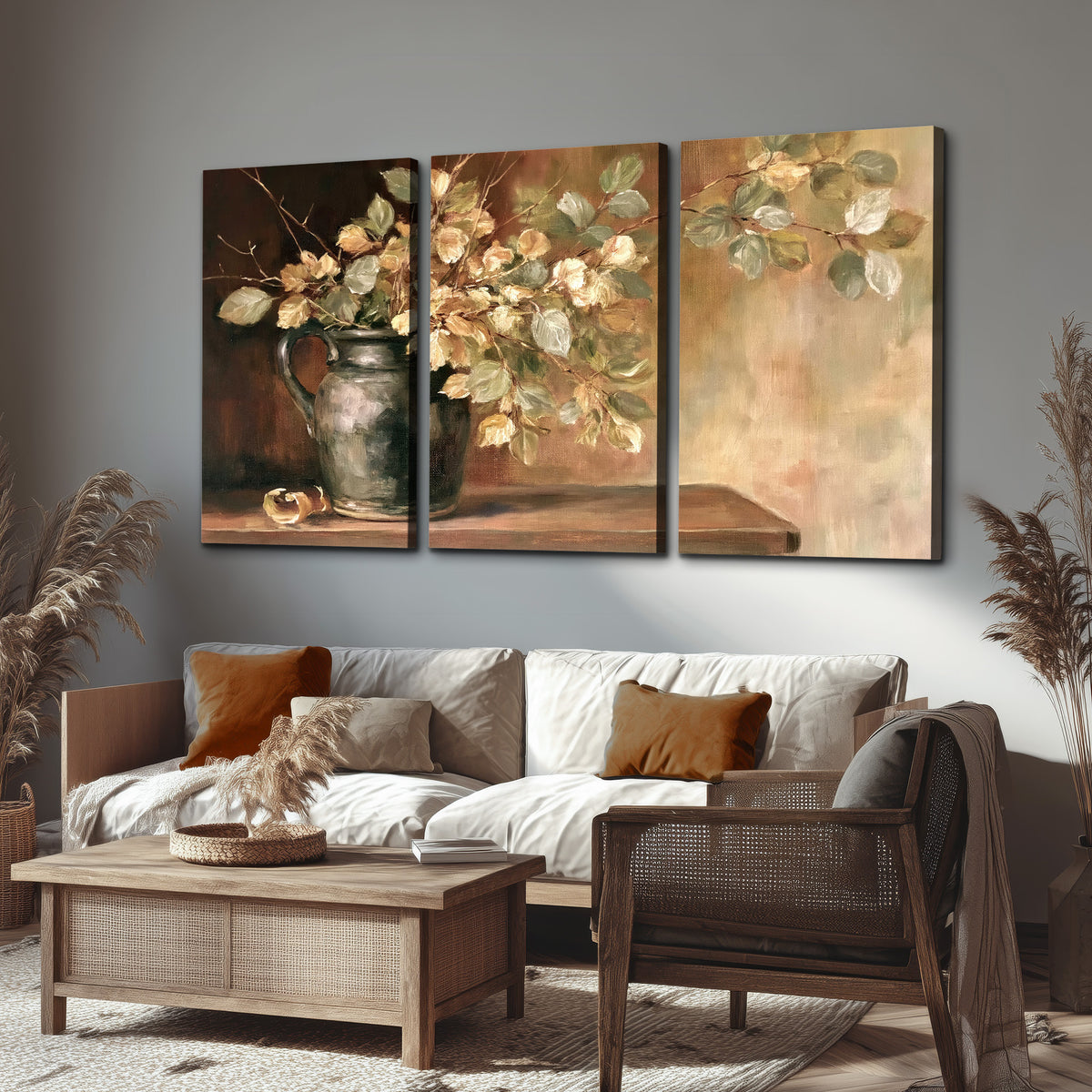 Pale golden blossoms and leaves in a dark green vase on a wooden ledge 3 piece canvas wall art displayed in a rustic living room