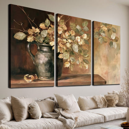 Pale golden blossoms and leaves in a dark green vase on a wooden ledge 3 piece canvas wall art room and product view