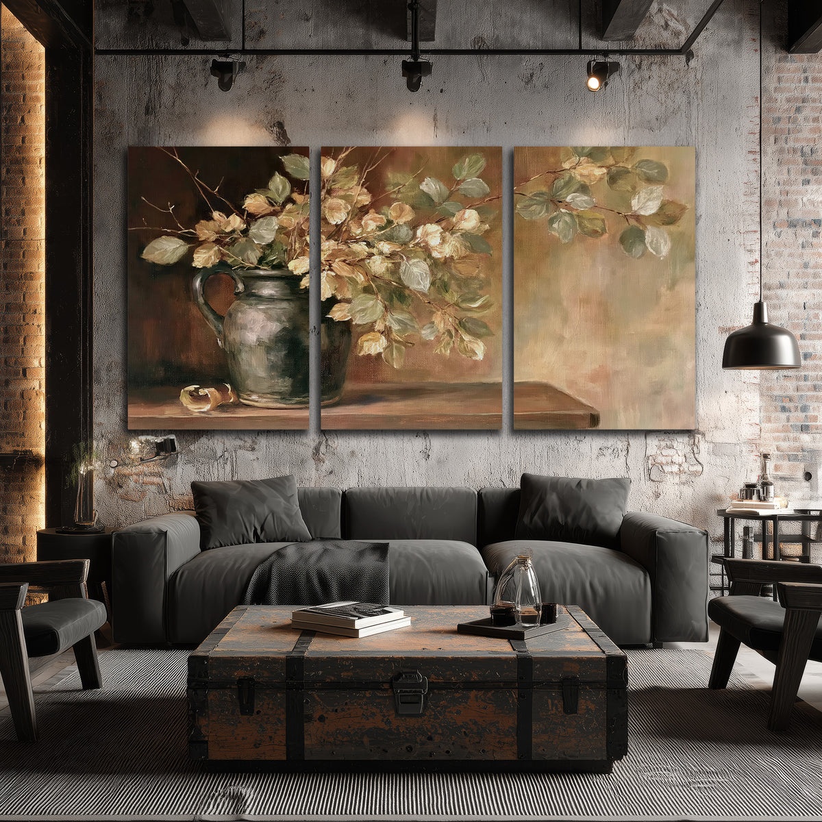Pale golden blossoms and leaves in a dark green vase on a wooden ledge 3 piece canvas wall art displayed in a industrial room