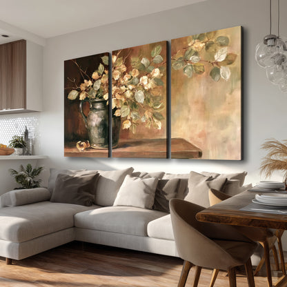 Pale golden blossoms and leaves in a dark green vase on a wooden ledge 3 piece canvas wall art room and product view