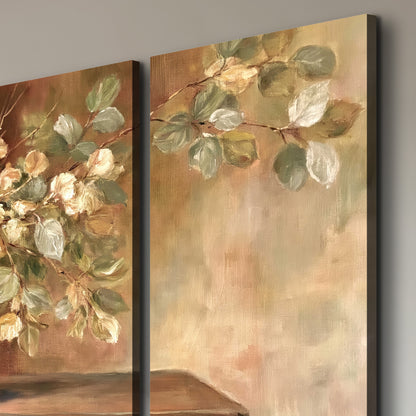 Pale golden blossoms and leaves in a dark green vase on a wooden ledge 3 piece canvas wall art room and product view