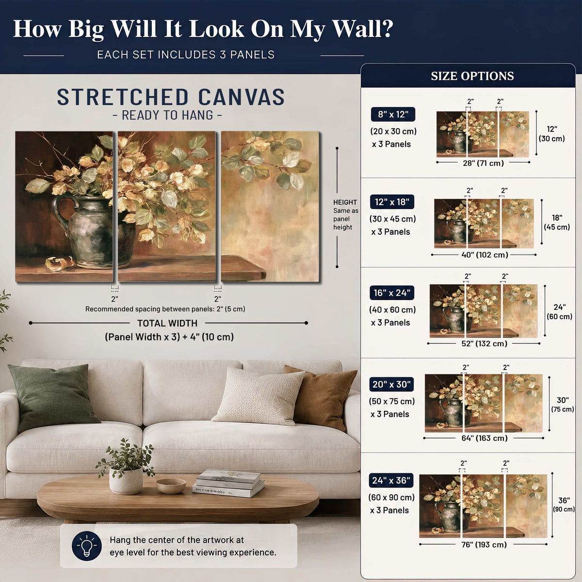 Pale golden blossoms and leaves in a dark green vase on a wooden ledge 3 piece canvas wall art size guide above a sofa; room view is illustrative