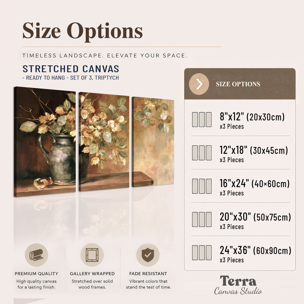 Pale golden blossoms and leaves in a dark green vase on a wooden ledge 3 piece canvas wall art available dimensions; triptych dimensions are per panel