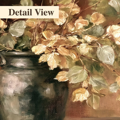 Pale golden blossoms and leaves in a dark green vase on a wooden ledge 3 piece canvas wall art artwork detail close up