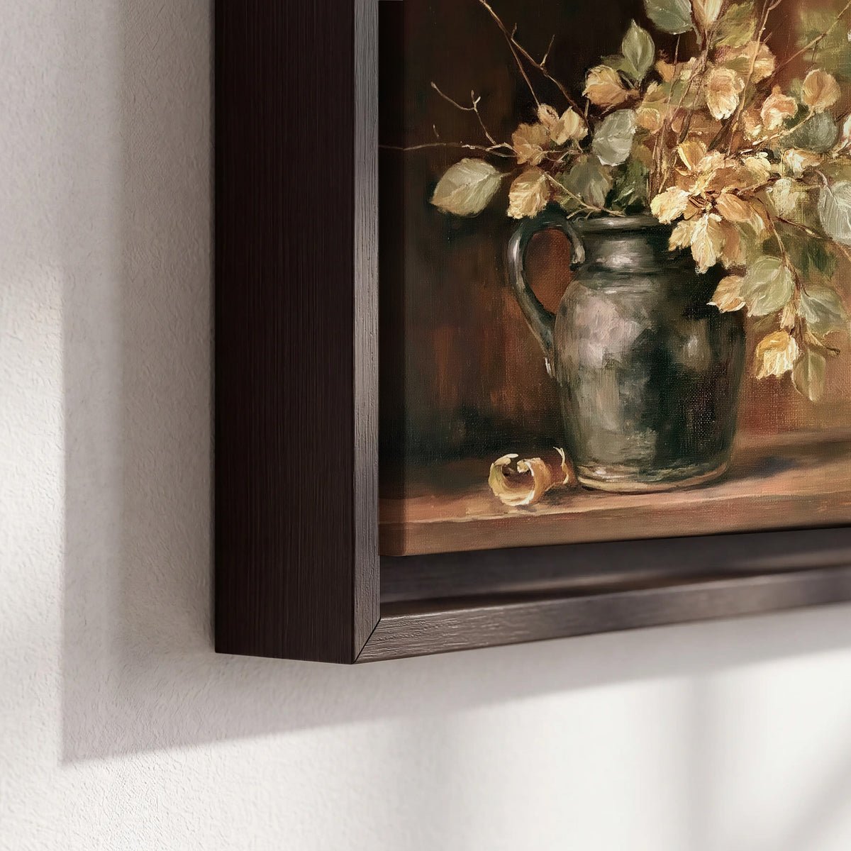 Pale golden blossoms and leaves in a dark green vase on a wooden ledge 3 piece framed canvas wall art material and edge close up