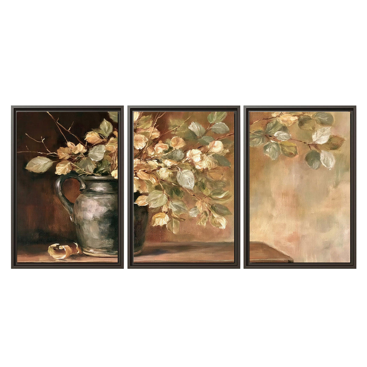 Pale golden blossoms and leaves in a dark green vase on a wooden ledge 3 piece framed canvas wall art viewed straight on