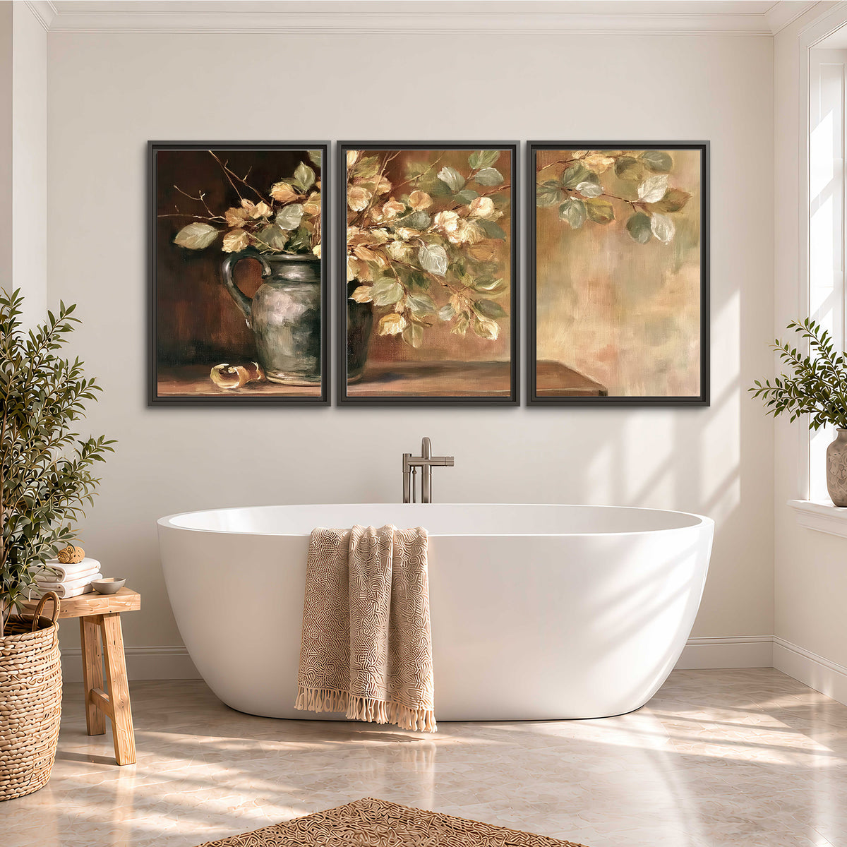 Pale golden blossoms and leaves in a dark green vase on a wooden ledge 3 piece framed canvas wall art styled in an interior