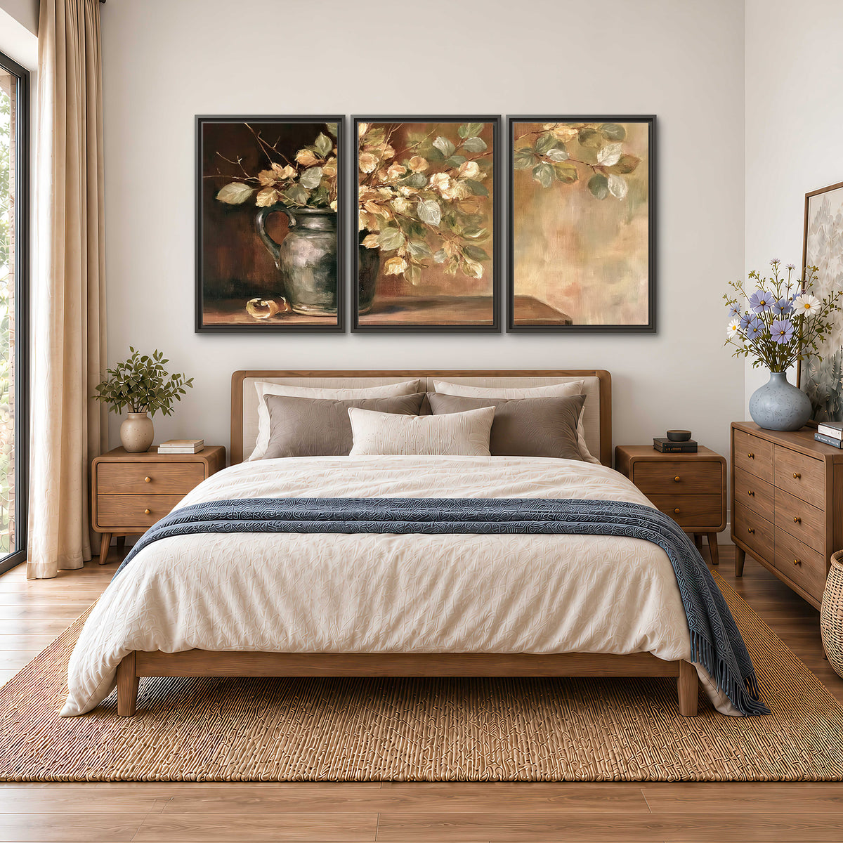 Pale golden blossoms and leaves in a dark green vase on a wooden ledge 3 piece framed canvas wall art styled in an interior