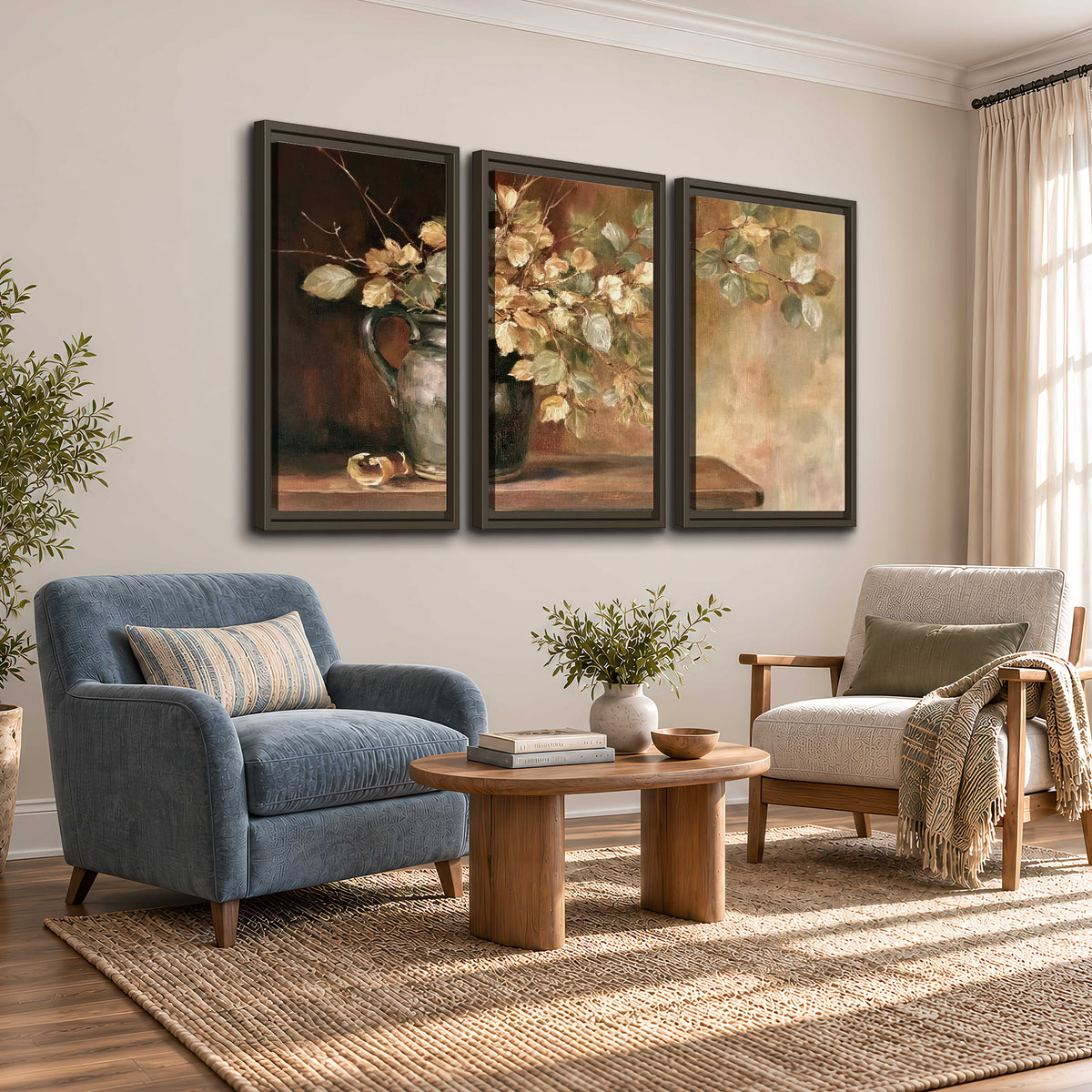 Pale golden blossoms and leaves in a dark green vase on a wooden ledge 3 piece framed canvas wall art styled in an interior