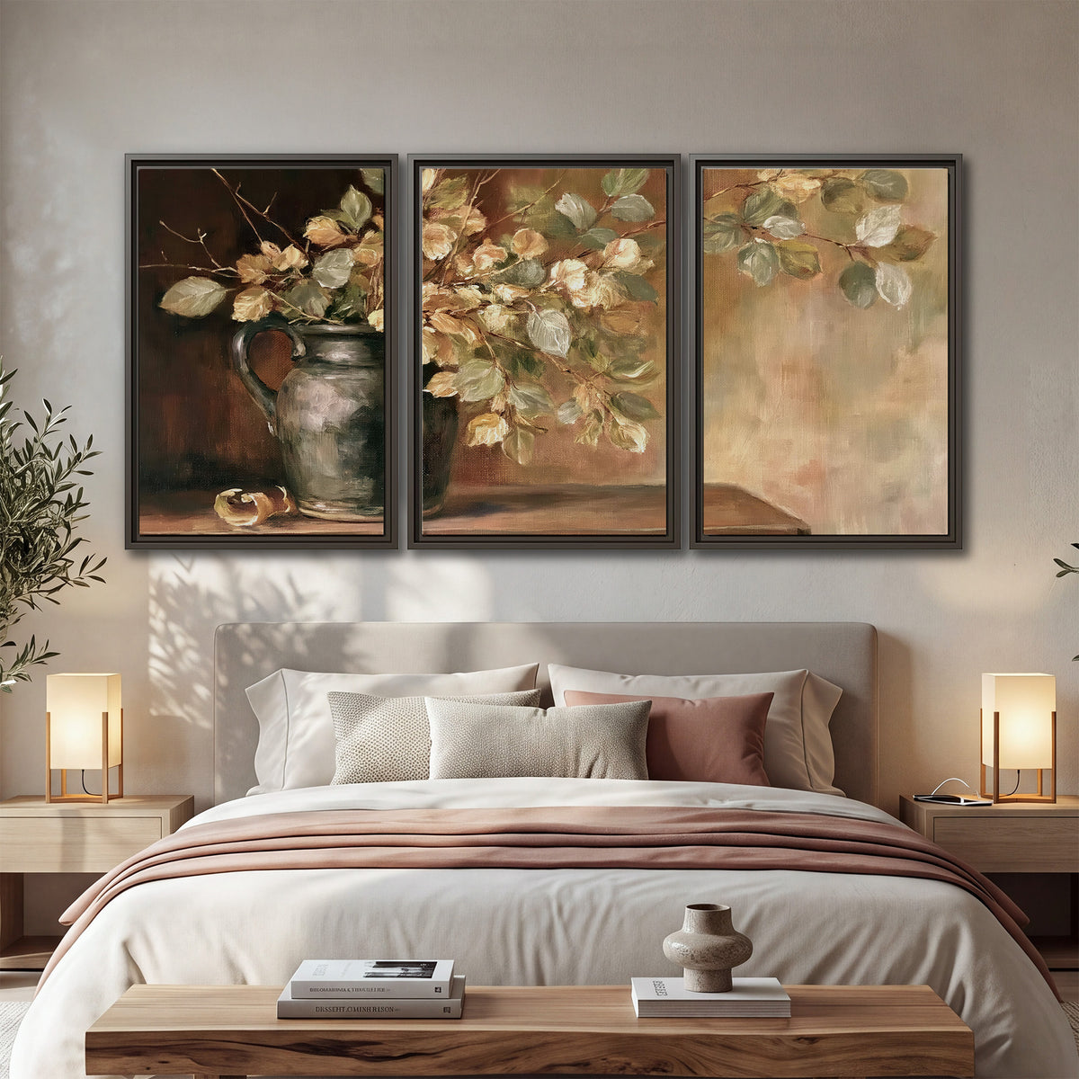 Pale golden blossoms and leaves in a dark green vase on a wooden ledge 3 piece framed canvas wall art displayed in a bedroom