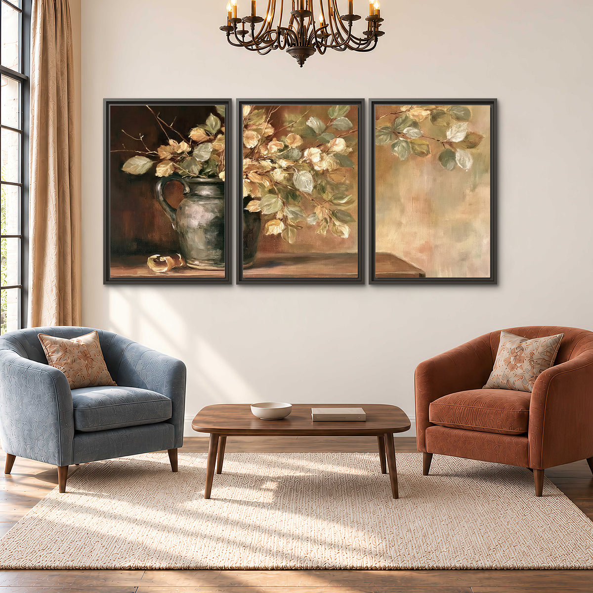 Pale golden blossoms and leaves in a dark green vase on a wooden ledge 3 piece framed canvas wall art styled in an interior