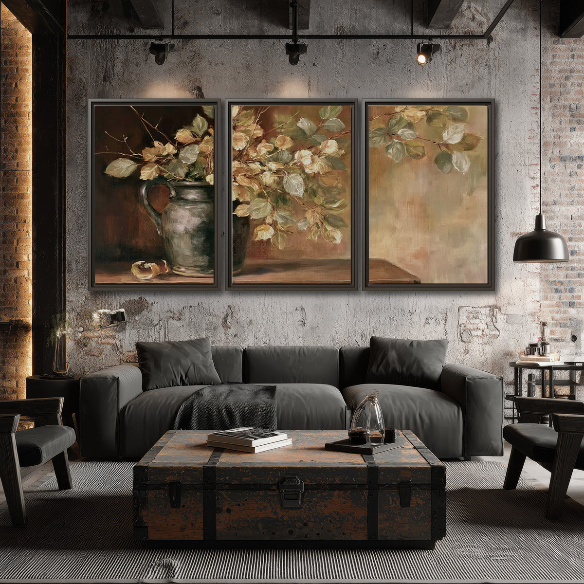 Pale golden blossoms and leaves in a dark green vase on a wooden ledge 3 piece framed canvas wall art displayed in a industrial room