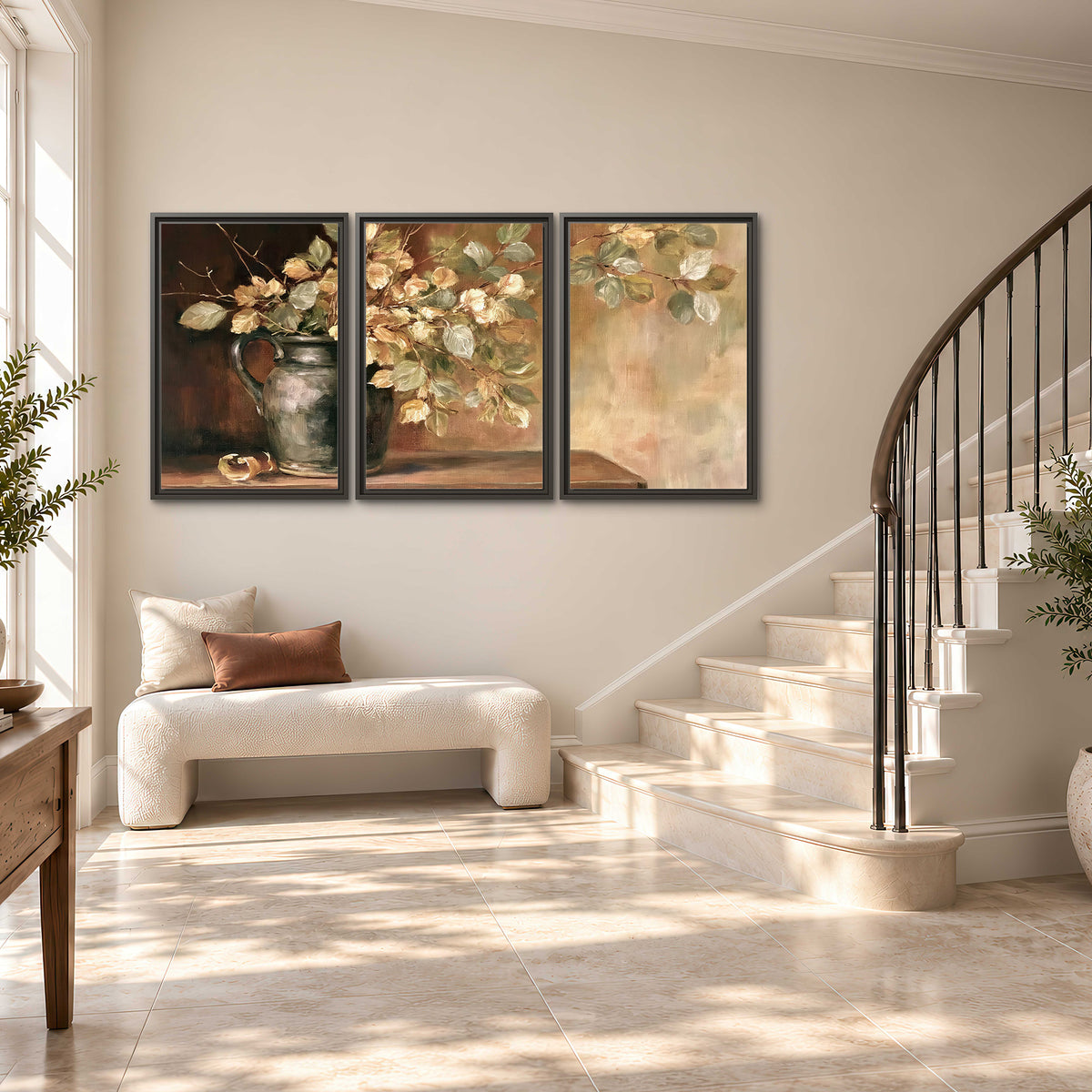 Pale golden blossoms and leaves in a dark green vase on a wooden ledge 3 piece framed canvas wall art styled in an interior