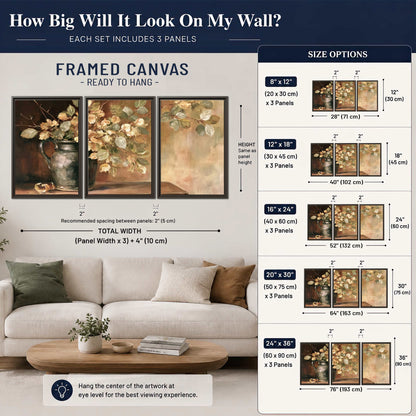 Pale golden blossoms and leaves in a dark green vase on a wooden ledge 3 piece framed canvas wall art size guide above a sofa; room view is illustrative