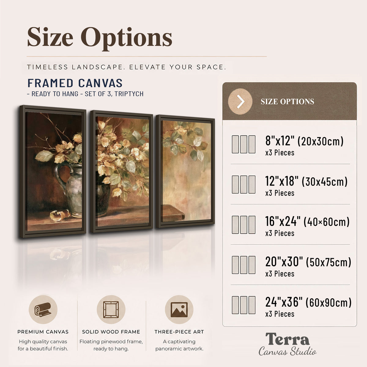 Pale golden blossoms and leaves in a dark green vase on a wooden ledge 3 piece framed canvas wall art available dimensions; triptych dimensions are per panel