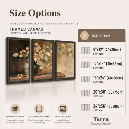 Pale golden blossoms and leaves in a dark green vase on a wooden ledge 3 piece framed canvas wall art available dimensions; triptych dimensions are per panel