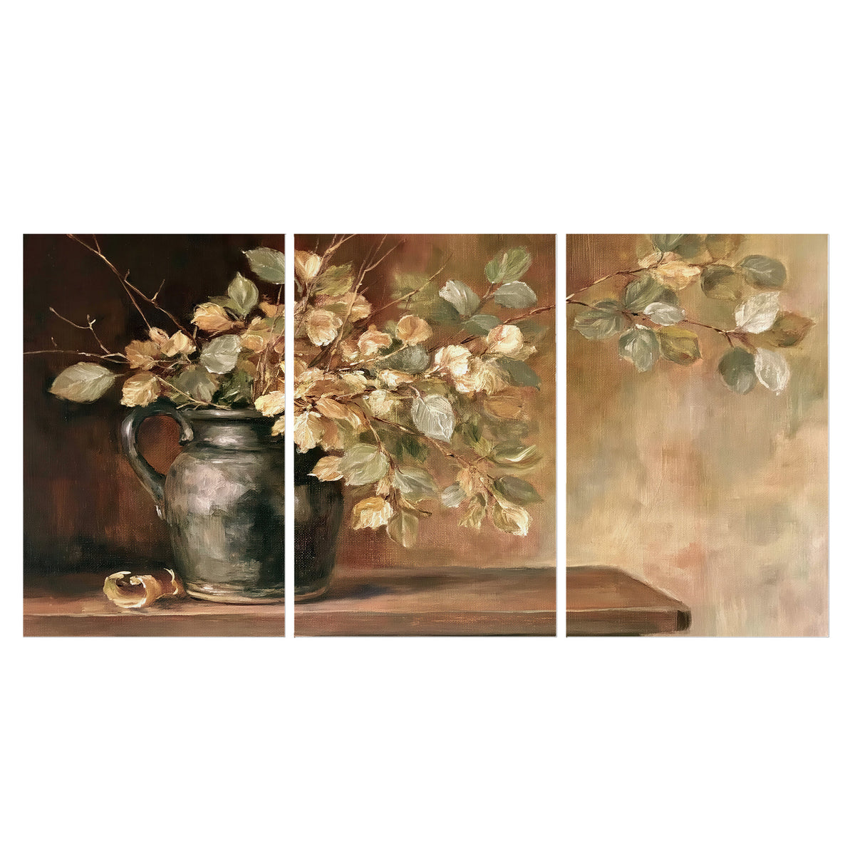 Pale golden blossoms and leaves in a dark green vase on a wooden ledge set of 3 poster prints viewed straight on