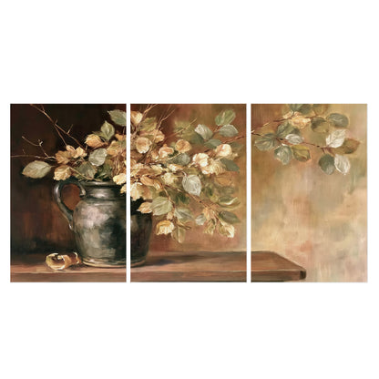 Pale golden blossoms and leaves in a dark green vase on a wooden ledge set of 3 poster prints viewed straight on