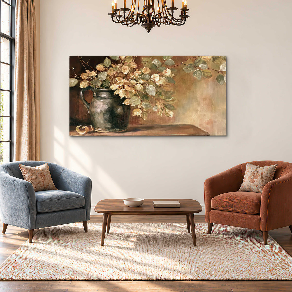Pale golden blossoms and leaves in a dark green vase on a wooden ledge single canvas wall art styled in an interior