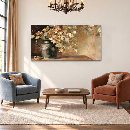 Pale golden blossoms and leaves in a dark green vase on a wooden ledge single canvas wall art styled in an interior