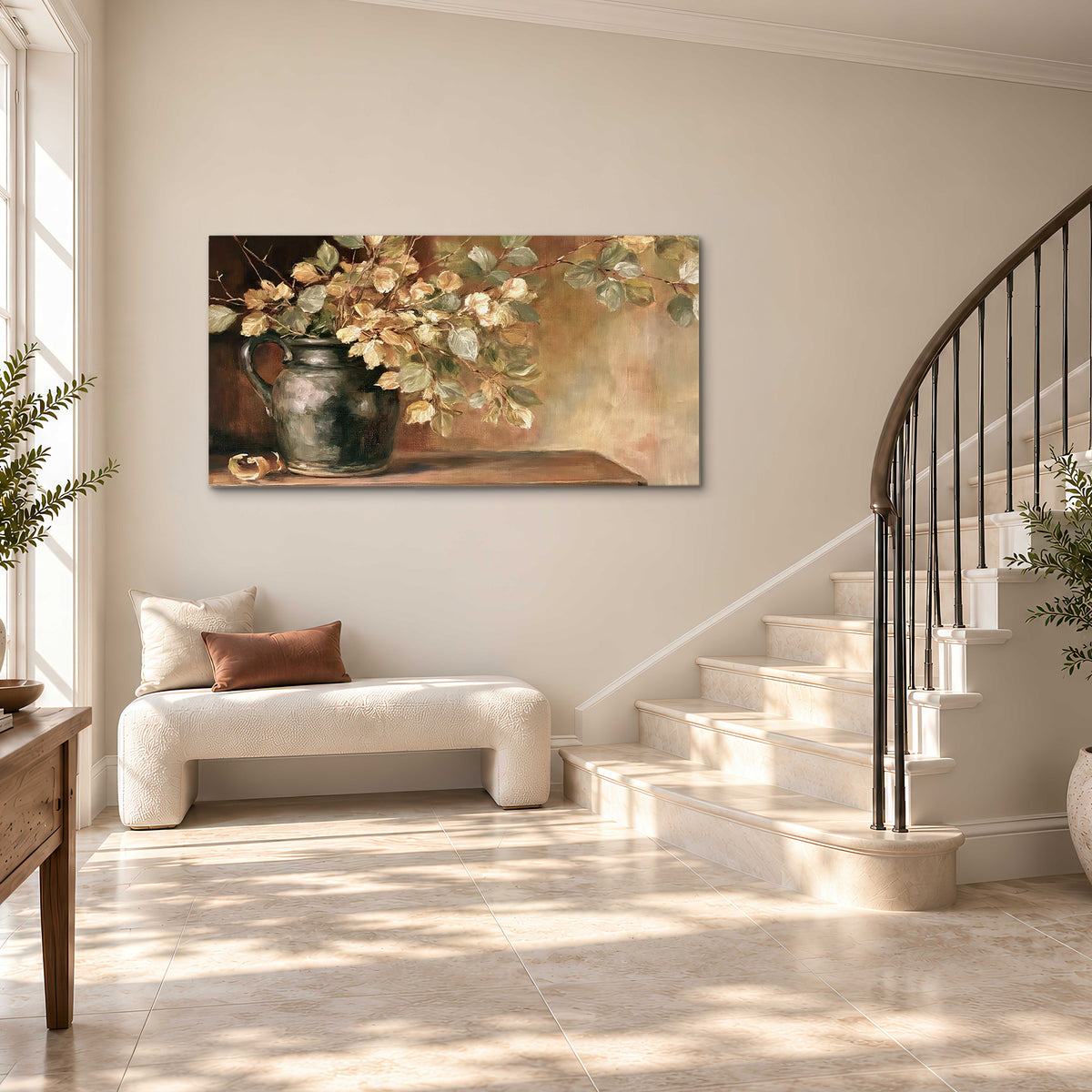 Pale golden blossoms and leaves in a dark green vase on a wooden ledge single canvas wall art styled in an interior
