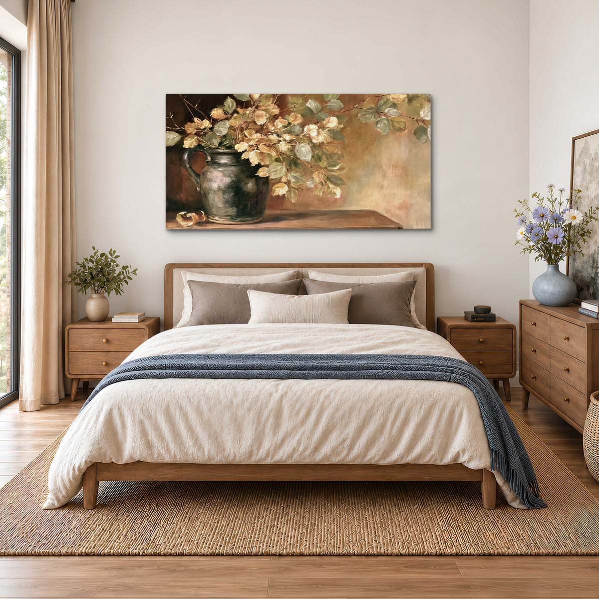 Pale golden blossoms and leaves in a dark green vase on a wooden ledge single canvas wall art styled in an interior