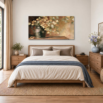 Pale golden blossoms and leaves in a dark green vase on a wooden ledge single canvas wall art styled in an interior