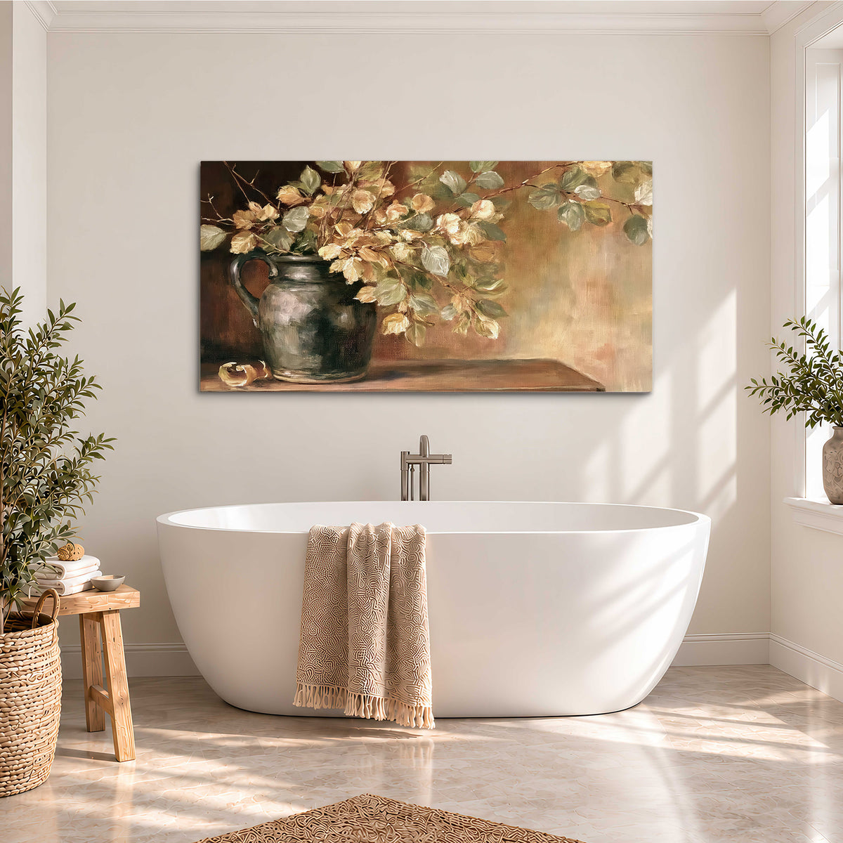 Pale golden blossoms and leaves in a dark green vase on a wooden ledge single canvas wall art styled in an interior