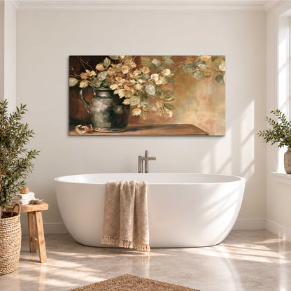 Pale golden blossoms and leaves in a dark green vase on a wooden ledge single canvas wall art styled in an interior