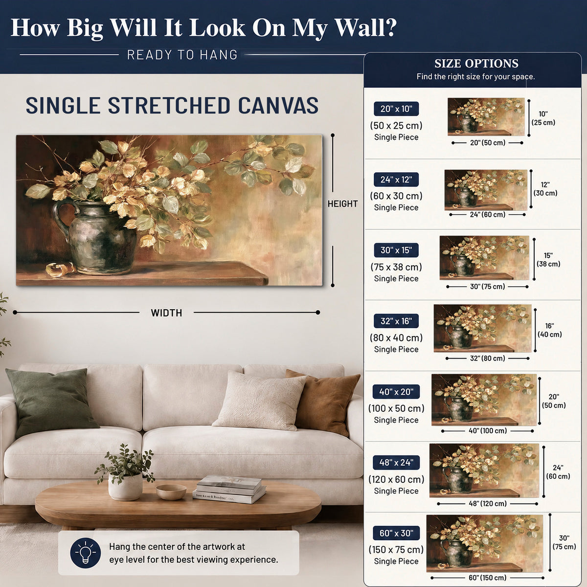 Pale golden blossoms and leaves in a dark green vase on a wooden ledge single canvas wall art size guide above a sofa; room view is illustrative