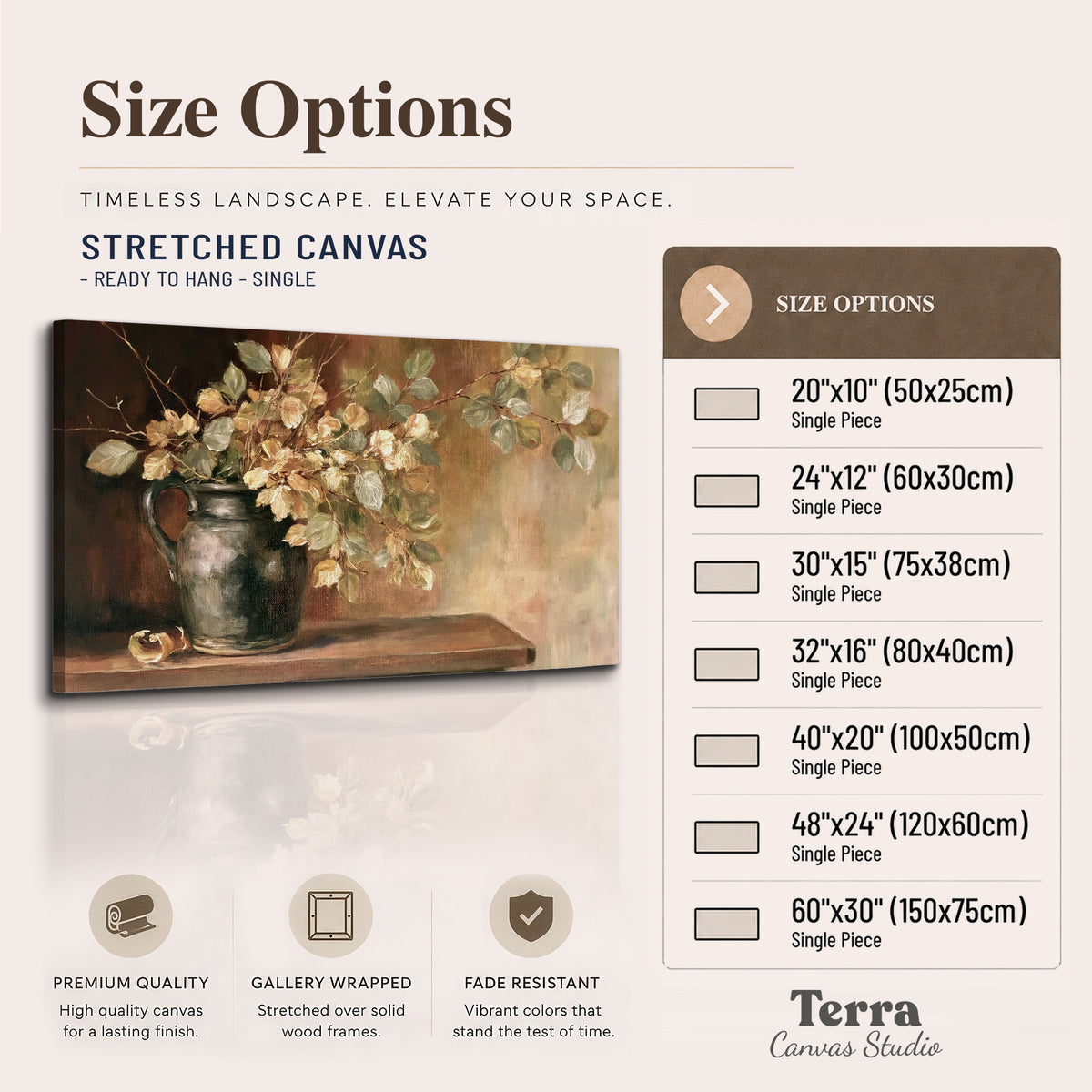 Pale golden blossoms and leaves in a dark green vase on a wooden ledge single canvas wall art available dimensions