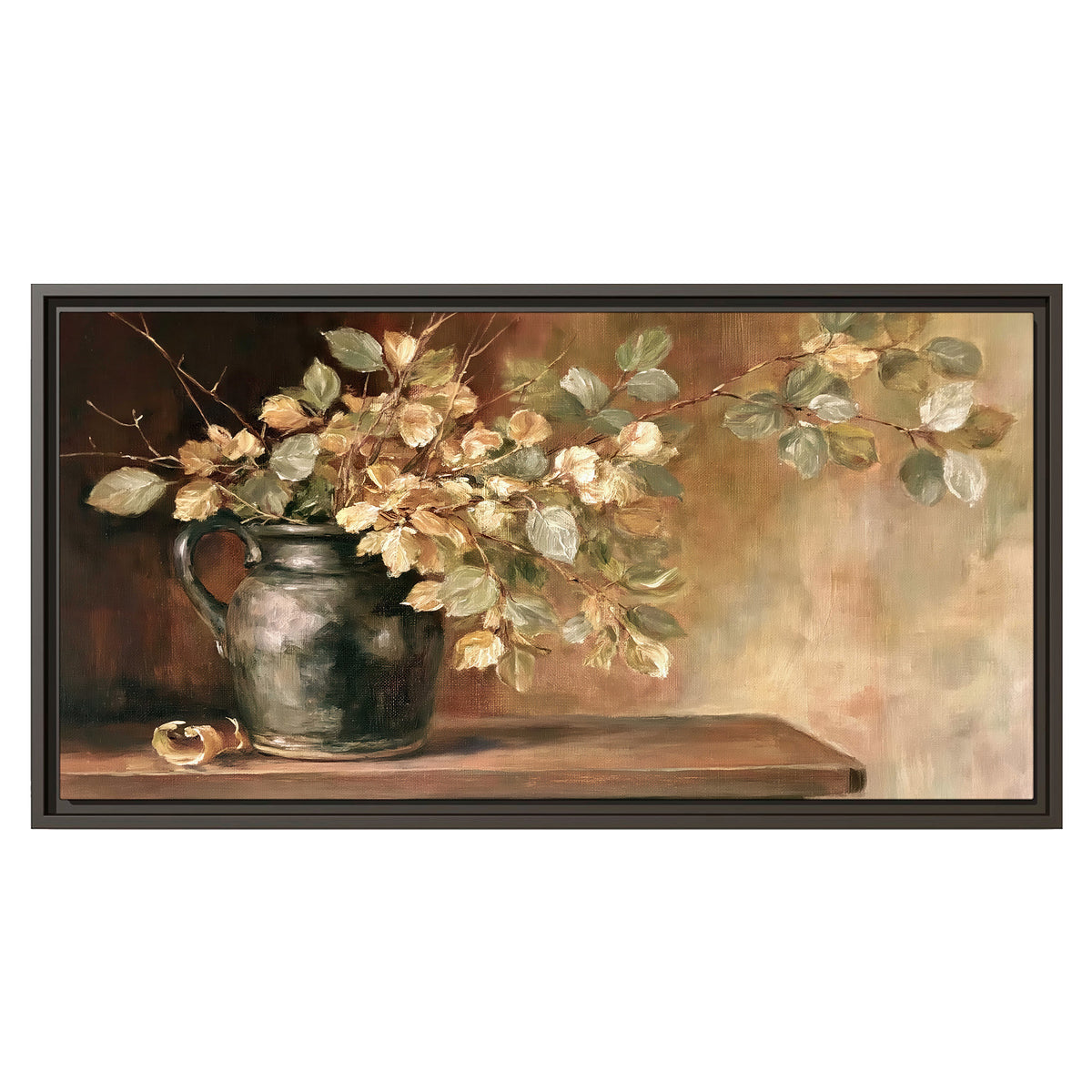 Pale golden blossoms and leaves in a dark green vase on a wooden ledge single framed canvas wall art viewed straight on