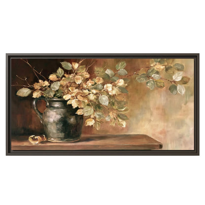 Pale golden blossoms and leaves in a dark green vase on a wooden ledge single framed canvas wall art viewed straight on