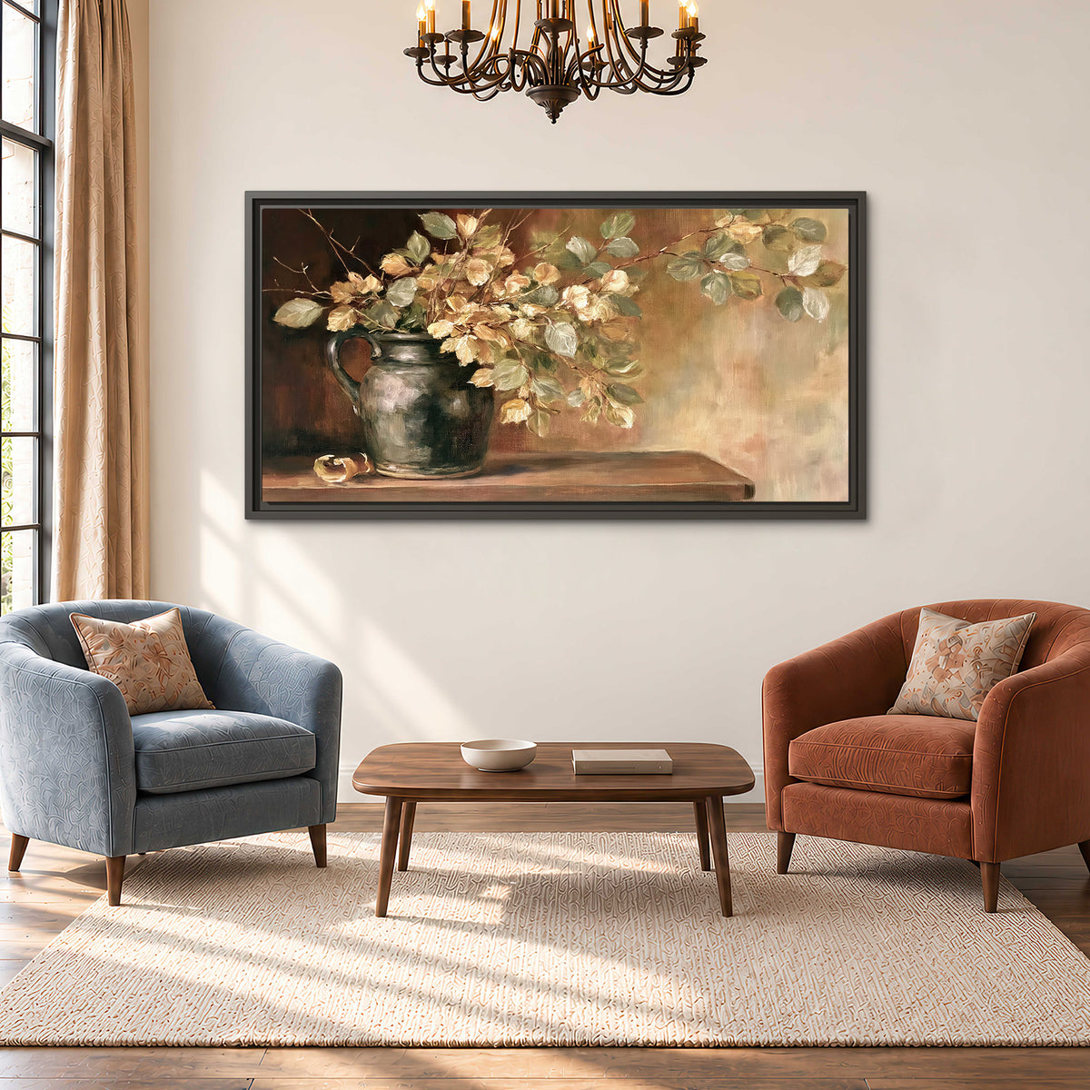 Pale golden blossoms and leaves in a dark green vase on a wooden ledge single framed canvas wall art styled in an interior