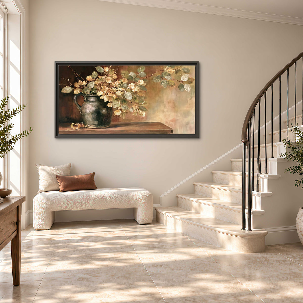 Pale golden blossoms and leaves in a dark green vase on a wooden ledge single framed canvas wall art styled in an interior