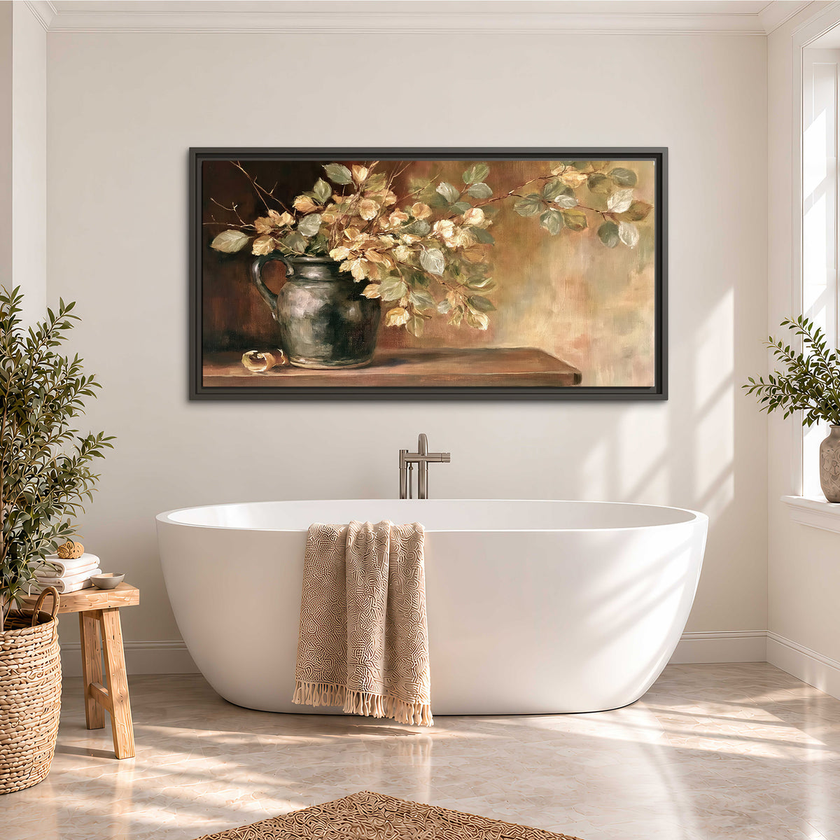 Pale golden blossoms and leaves in a dark green vase on a wooden ledge single framed canvas wall art styled in an interior
