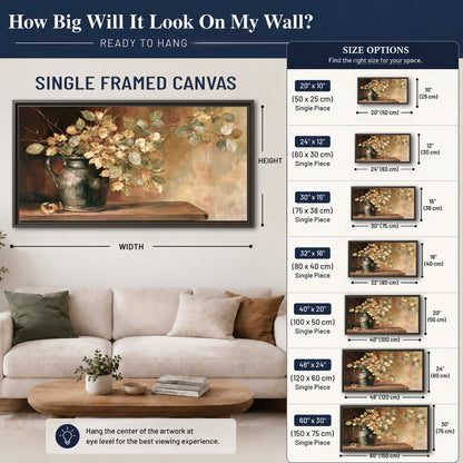 Pale golden blossoms and leaves in a dark green vase on a wooden ledge single framed canvas wall art size guide above a sofa; room view is illustrative