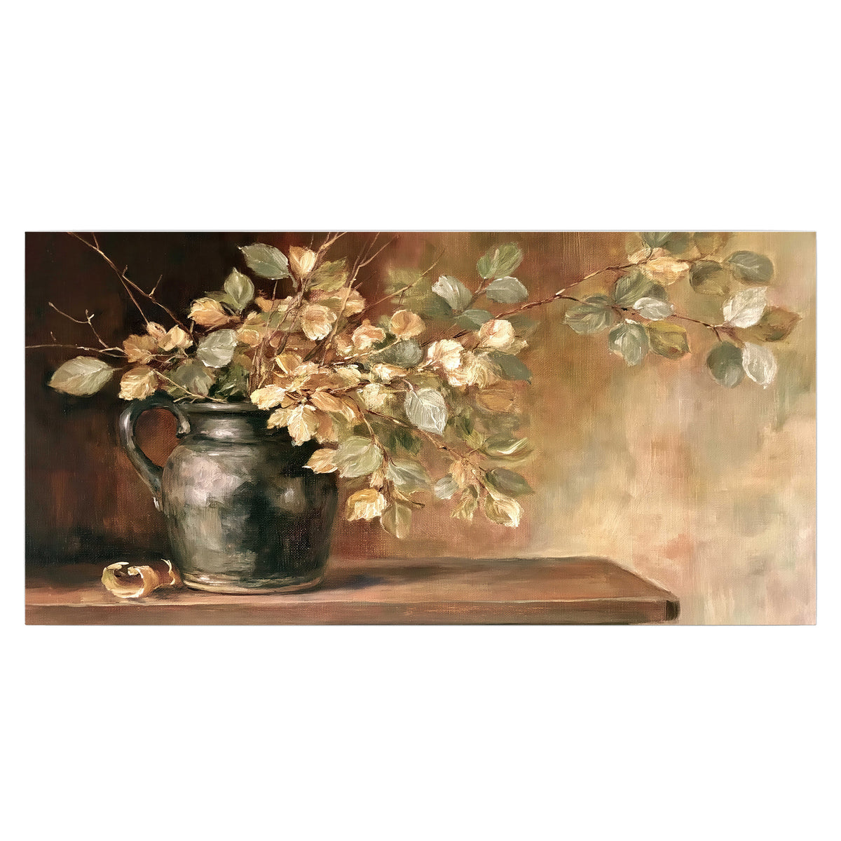 Pale golden blossoms and leaves in a dark green vase on a wooden ledge single poster print viewed straight on