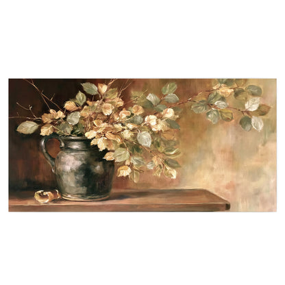 Pale golden blossoms and leaves in a dark green vase on a wooden ledge single poster print viewed straight on