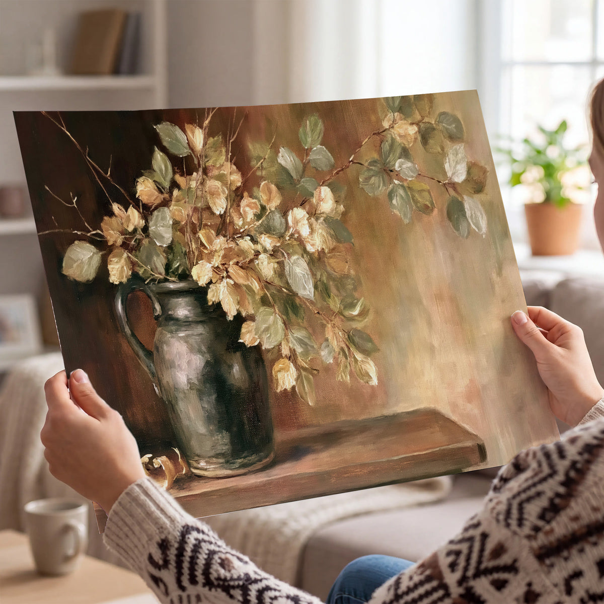 Pale golden blossoms and leaves in a dark green vase on a wooden ledge single poster print held in hands