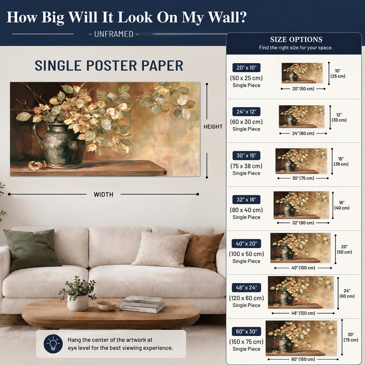 Pale golden blossoms and leaves in a dark green vase on a wooden ledge single poster print size guide above a sofa; room view is illustrative