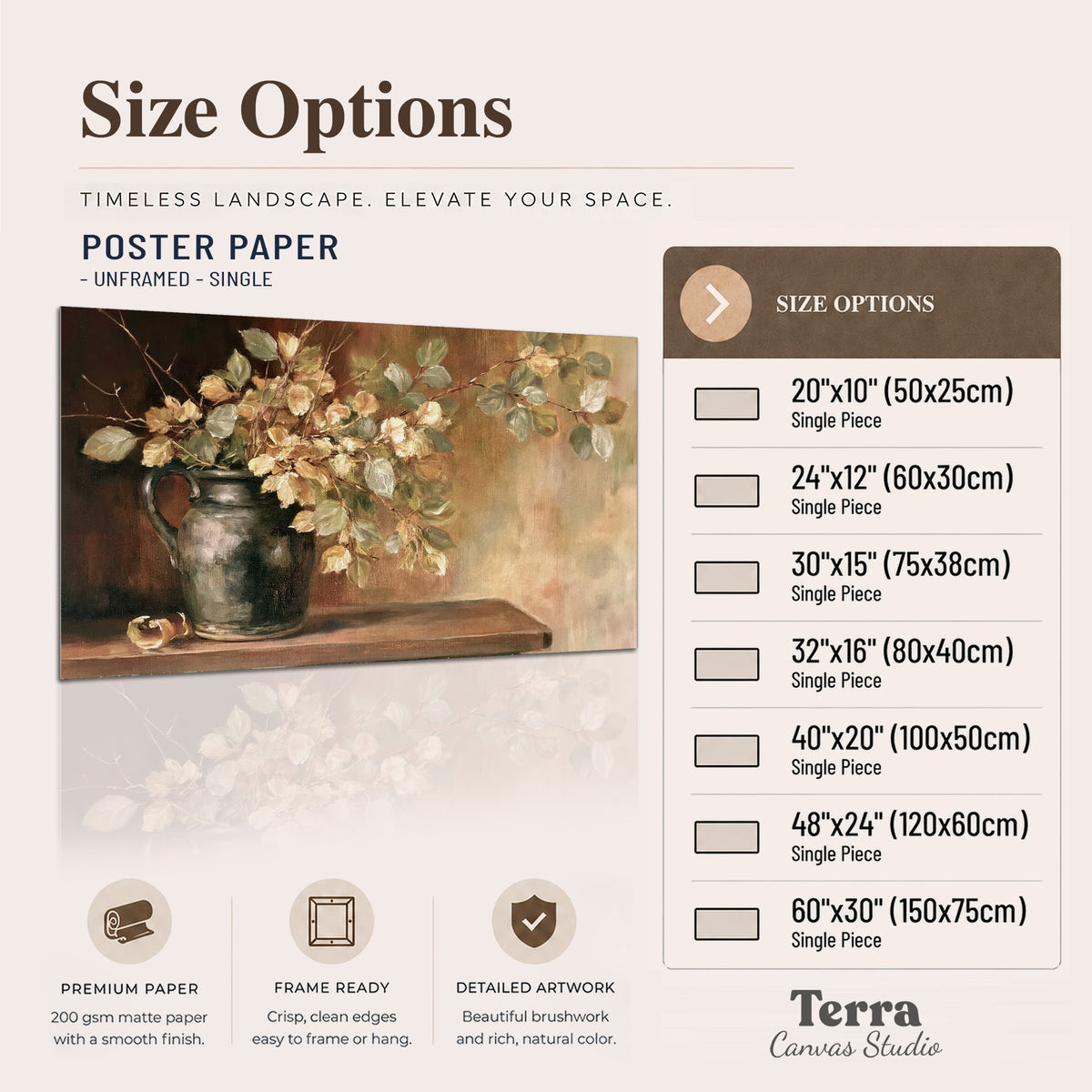 Pale golden blossoms and leaves in a dark green vase on a wooden ledge single poster print available dimensions