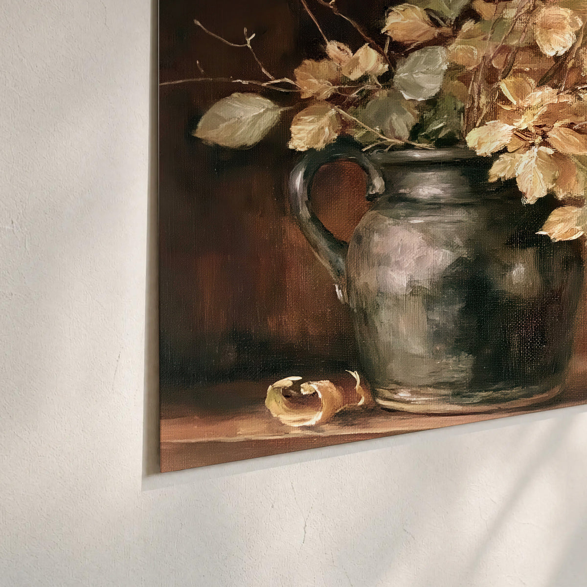Pale golden blossoms and leaves in a dark green vase on a wooden ledge set of 3 poster prints material and edge close up