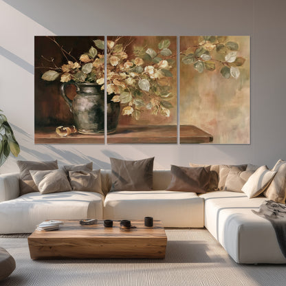 Pale golden blossoms and leaves in a dark green vase on a wooden ledge set of 3 poster prints displayed in a living room
