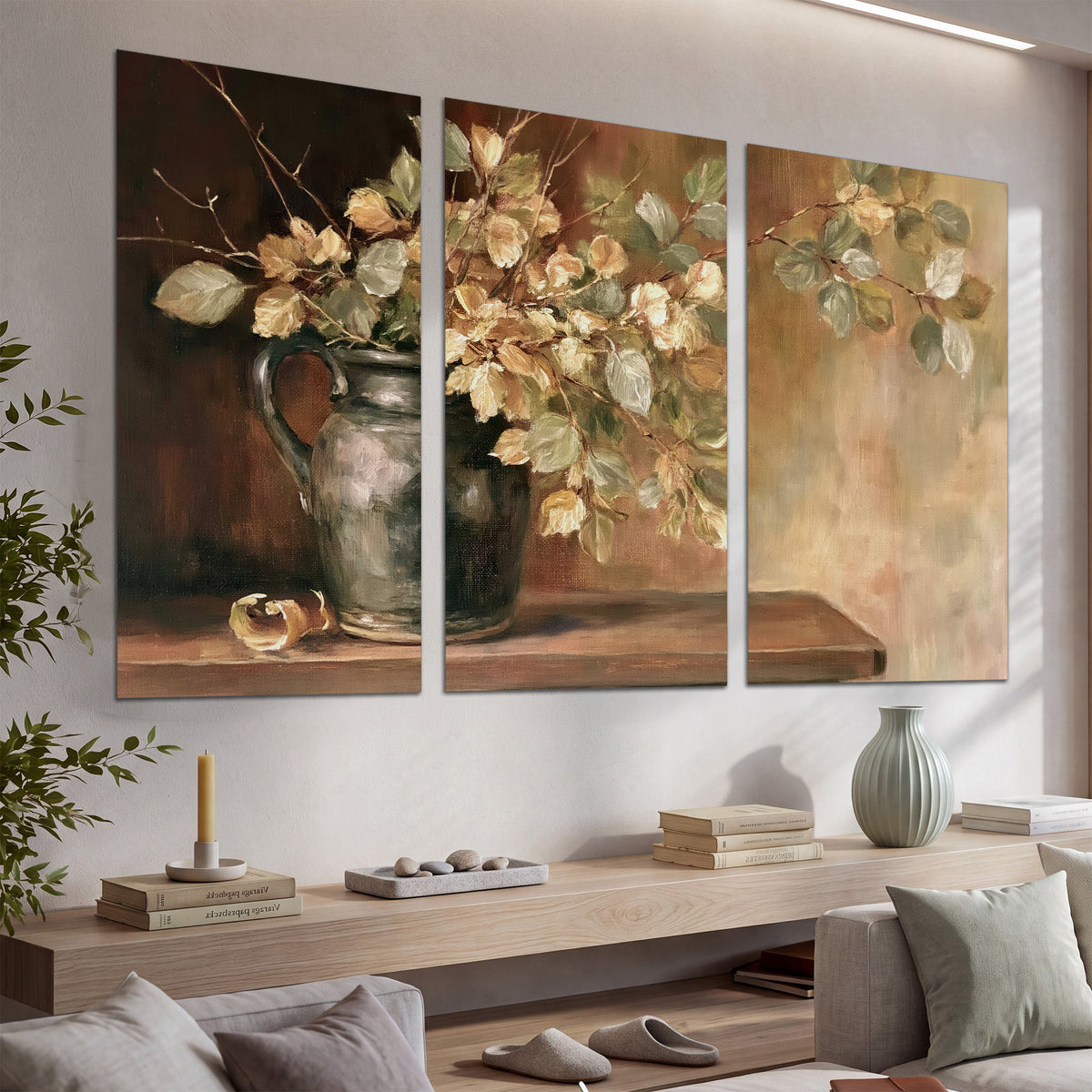 Pale golden blossoms and leaves in a dark green vase on a wooden ledge set of 3 poster prints displayed in a console