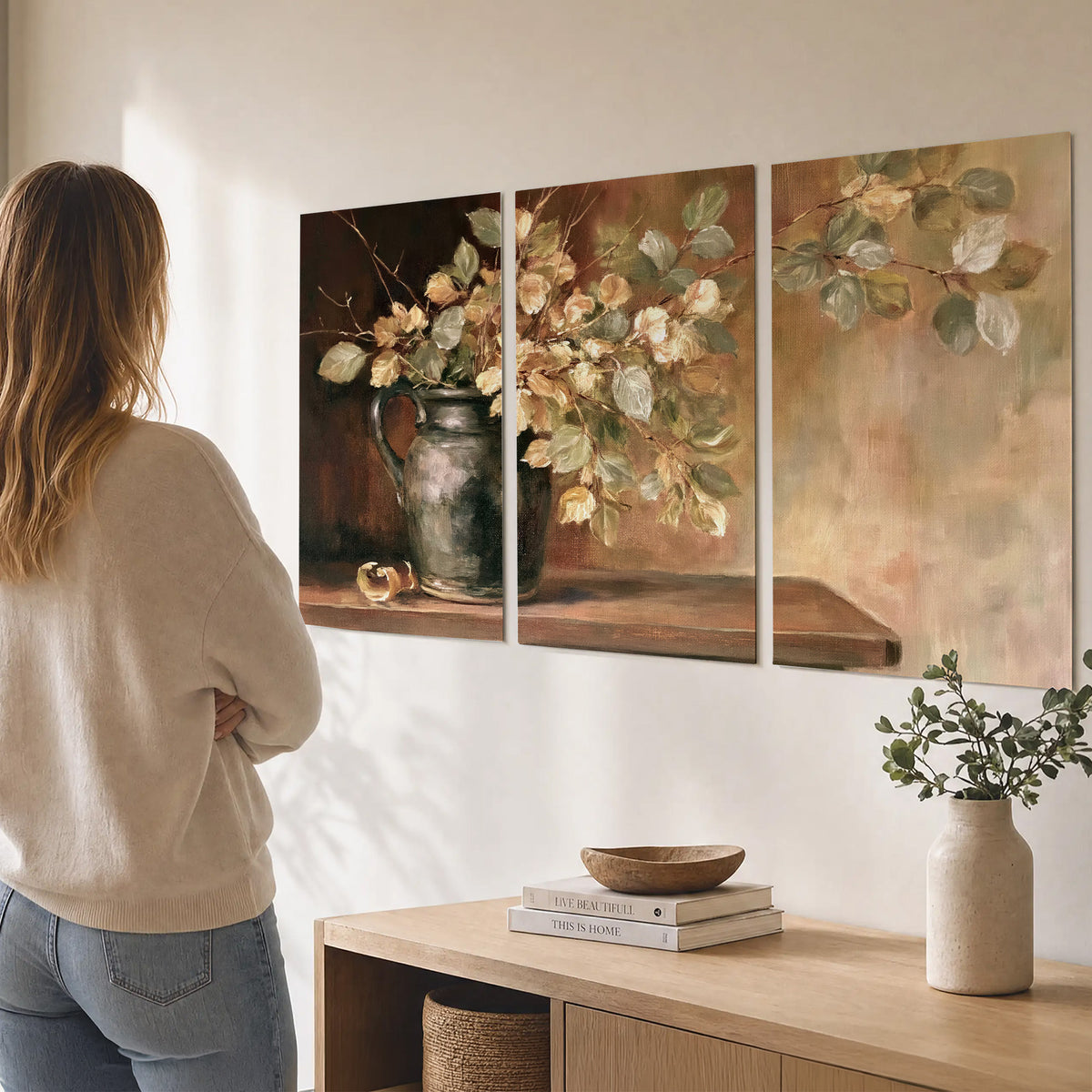 Pale golden blossoms and leaves in a dark green vase on a wooden ledge set of 3 poster prints three panel arrangement on a wall